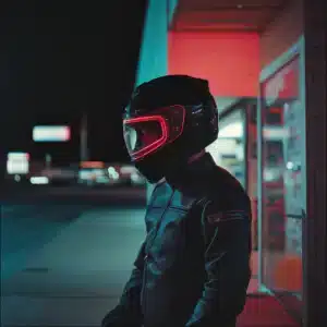 A man with helmet near a store.