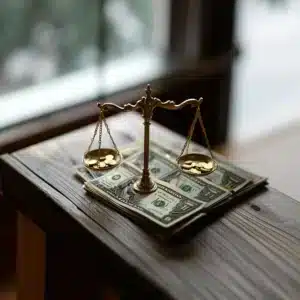 A justice scale kept on currency notes