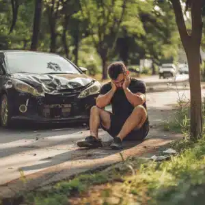 A man hurt and sitting besides his crashed car