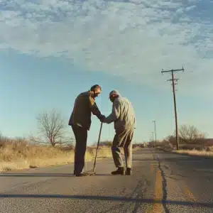 A person helping an old man on a road