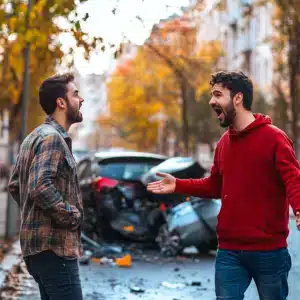 Two men yelling at eachother near an accident scene