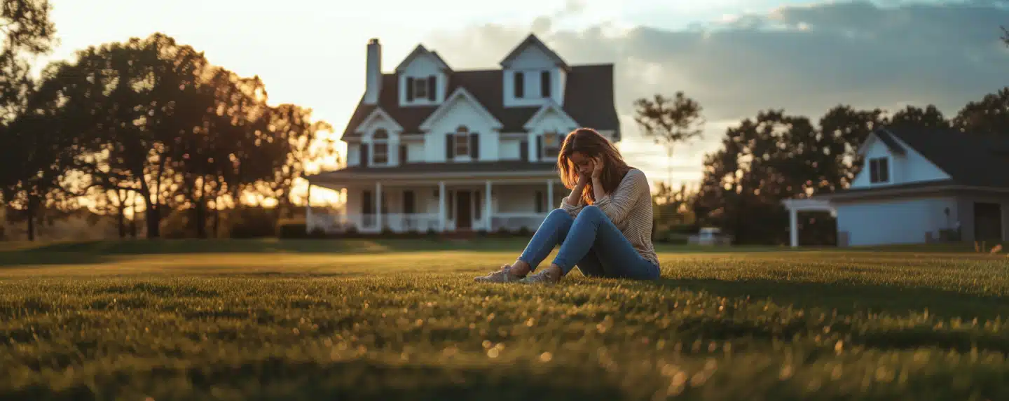 A sad girl sitting outside her mansion