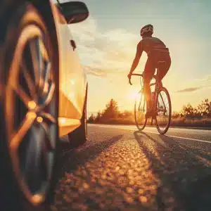 A bicycle rider near a car