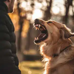 A dog barking loudly at a man.