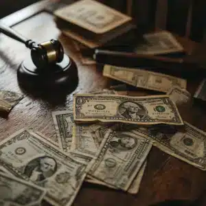 A gavel near currency notes