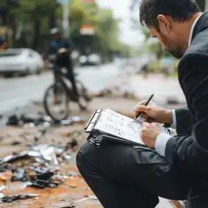 A lawyer taking notes at a bicycle crash site