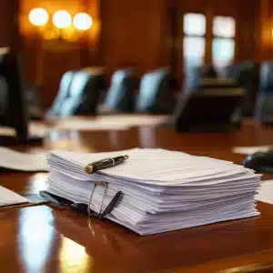 A set of legal papers on a table