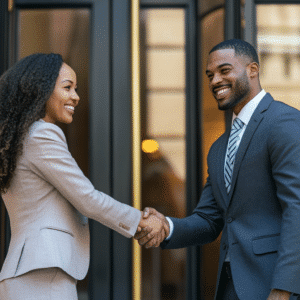 satisfied client shaking hands with a lawyer