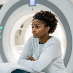 worried patient ready for a CT scan machine